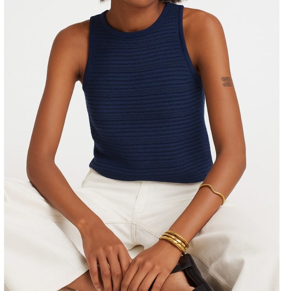 Madewell Crochet Knit Cutaway Tank Cropped Cotton Blend Ink Blue XL NWT